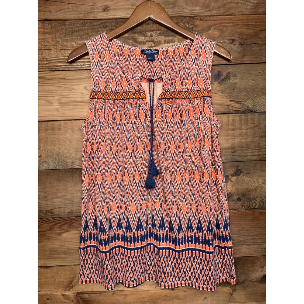 Lucky Brand Tunic Womens Medium Geometric Tassel Tie Embroidered Sleeveless
